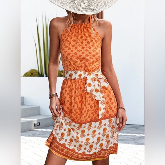 Caribbean Sunset Orange Floral Mini Dress - Picture 1 of 5